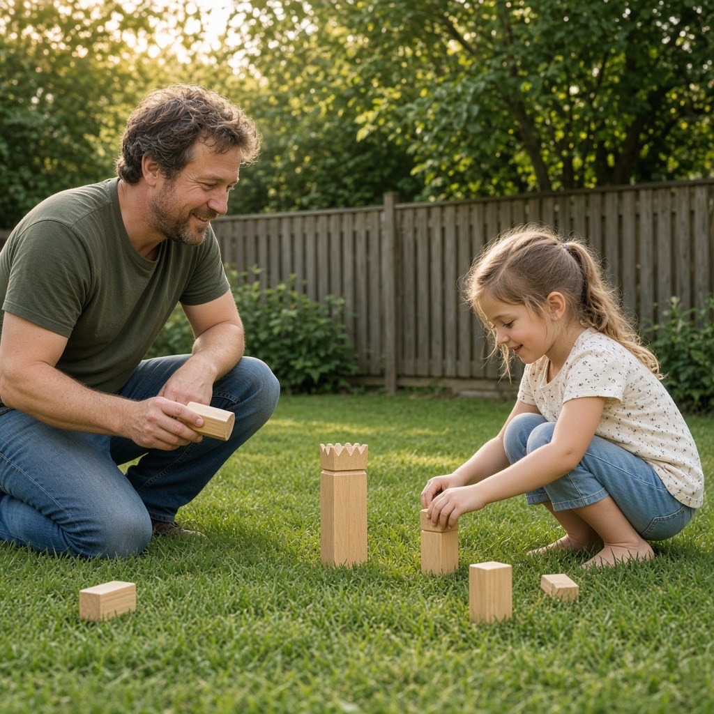 A father and daughter standing kubbs back up on a backyard lawn beside the king