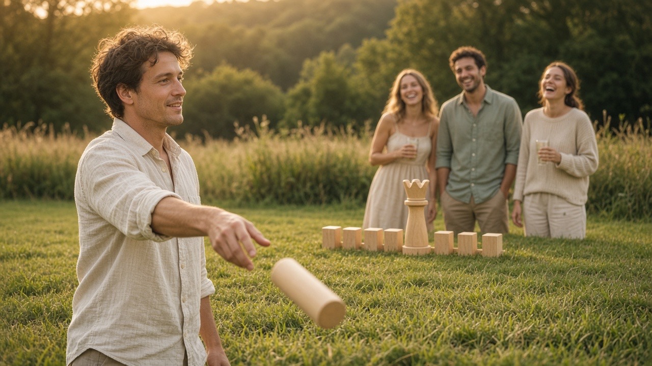 Friends laughing on a summer lawn as one player throws a wooden baton toward a line of kubbs and the king